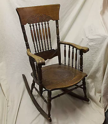 Antique Oak Armed Pressed Back Rocker – Leather Seat Insert • $450