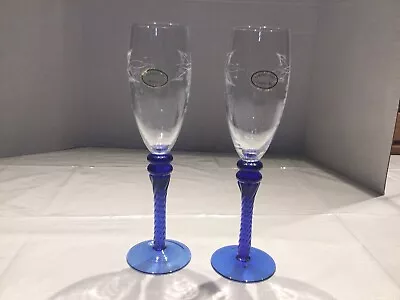 Vintage Hand Cut Crystal Wine Glasses With Spiral Cobalt Blue Stems 9 1/8” Tall • $30