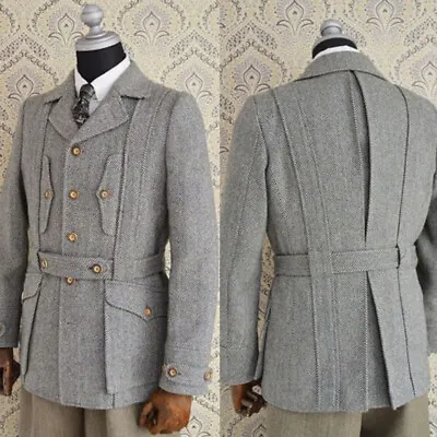 Gray Tweed Men's Safari Jacket With Belt Herringbone Wedding Hunting Coat Pant • $62.29