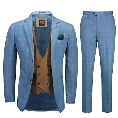 Mens 3 Piece Blue Windowpane Check Suit Double Breasted Waistcoat Tailored Fit • £149.99