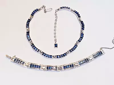 Vintage Trifari Silvertone Blue Rhinestone Collar Necklace And Bracelet Set • $17.50