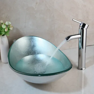 £149.99 • Buy Edge Oval Tempered Glass Basin Bowl Bathroom Vessel Sink Faucet Set