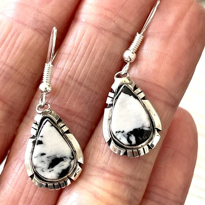 $35.95 • Buy Navajo White Buffalo Earrings Hook Sterling Signed Calvin Spencer Fluted Dangles
