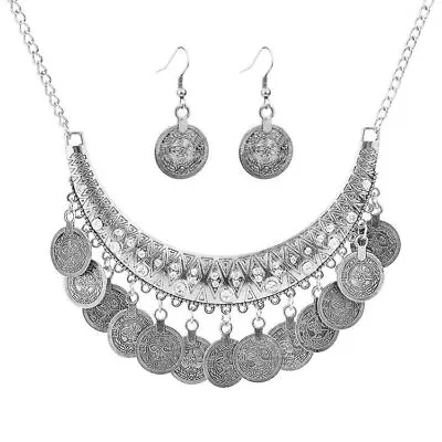 Boho Women 925 Silver Cubic Zirconia Coin Earrings Necklace Set Jewelry Gifts • $2.96