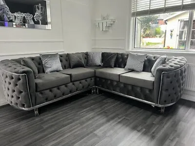 Grey Chesterfield Sofa Plush Velvet Silver Detailing Corner Sofa  • £1300