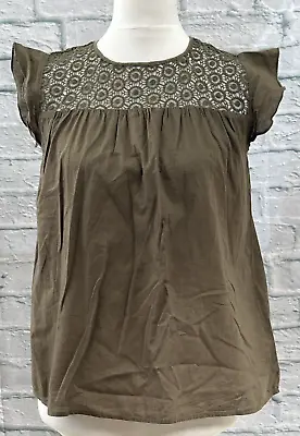 Zara Khaki Green Brown Summer Cotton Blouse Size XS Cap Sleeve Lace Chest • $11.41
