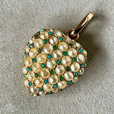 ANTIQUE VICTORIAN 15ct GOLD NATURAL PAVE PEARL TURQUOISE HEART PENDANT LOCKET • £549