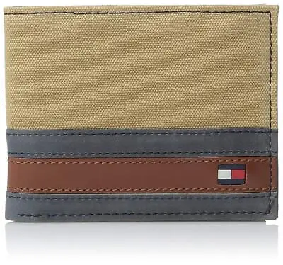 Tommy Hilfiger Men's Canvas Leather Credit Card Id Bifold Wallet Khaki • $27.29