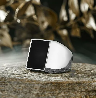 Solid 925 Sterling Silver Rectangle Black Onyx Stone Simple Design Men's Ring • $49.90