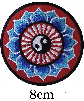 Round Red Blue Lotus Flower Yin Yang  Centre Iron-On Motif Patch • £2.95