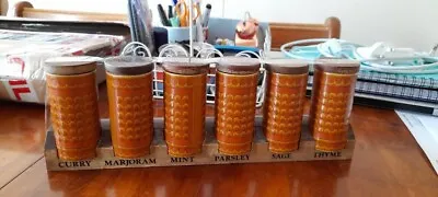 Retro Vintage Hornsea Saffron Orange 6 Tall Spice Jar Wood Lid Rack Stand • £35
