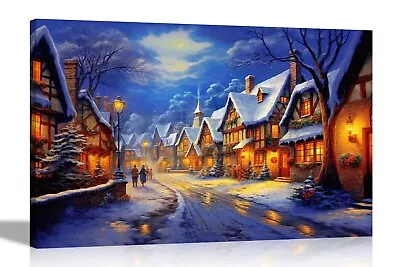 Snowy Christmas Town Canvas Art Prints Oil Painting Reproduction Wall Pictures • £54.99