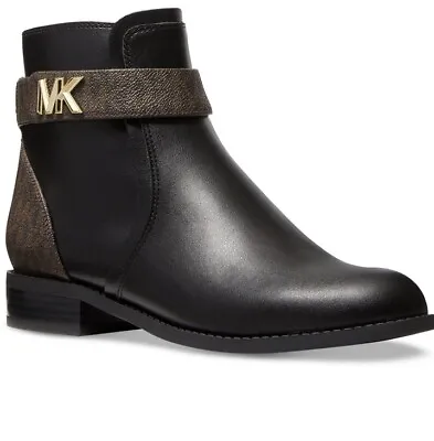 NIB  MICHAEL KORS Jilly Blk/Brown Signature Logo Trim Ankle Boot 7❤️❤️❤️❤️ • $80