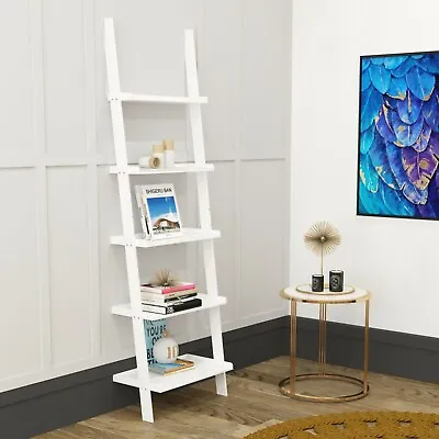 Ladder Shelving Unit Display Stand Book Case Shelf Leaning Wall Rack White • £46.99