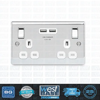 £22.99 • Buy BG NEXUS NPC22U3W Polished Chrome Double Plug Socket 2x USB Charger Ports White