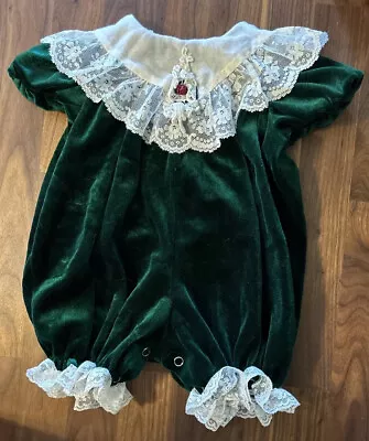 Vintage Bonnie Baby Girl Romper Outfit Lace Collar Frilly Velvet Xmas 6-9 M Doll • $23.40