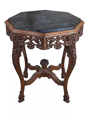 Antique Italian Renaissance Carved Walnut Marble Top Octagonal Center Side Table • $2975