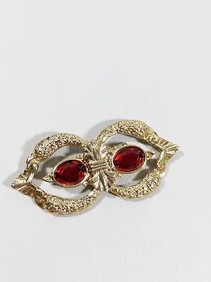 Vintage M Jent Gold Tone Ornate Red Cabochon Bar Pin Brooch  • $17.49