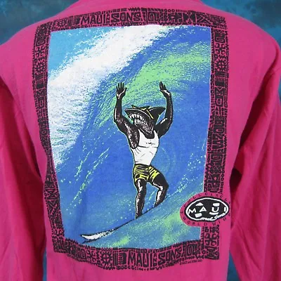 Vintage 90s MAUI & SONS SURF SHARK L/S T-Shirt SMALL Cartoon Beach Skate Hawaii • $21.24
