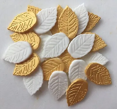 £2.50 • Buy White & Gold Leaves - Edible Sugar Paste - Cup Cake Decorations, Toppers