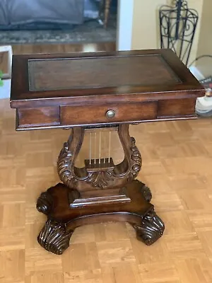 Vintage Lyre Harp Table Consuls Leather Embossed Top Drawers And Side Pulls • $725