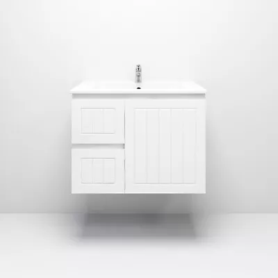 750mm Amber Matte White Bathroom Vanity Wall Hung Cabinet Left Drawers With Top • $559