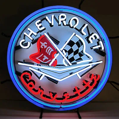 Neon Sign Chevy Corvette Flags Chevrolet Garage Open Lamp GM Man Cave C1 C6 C7 • $384.99