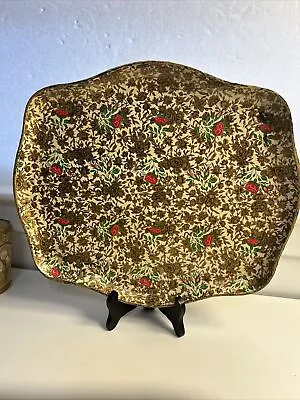 Vintage PAPER-MACHE TOLEWARE TRAY GILT ROSES LARGE SCALLOPED 14”W Italy • $33.50