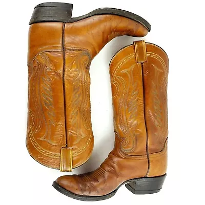 Vintage Tony Lama Tan Leather Boots Mens US 9.5 D Cowboy Western Roper 6130 USA • $99.99