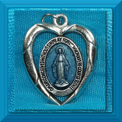 Miraculous Medal Catholic 1 1/4  BLUE Enamel XL Pendant HEART SHAPE Cut Out SALE • $1.25