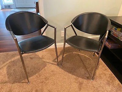 Pair Of Calligaris Italian Black Leather And Chrome Arm Chairs Vintage 90s • $400