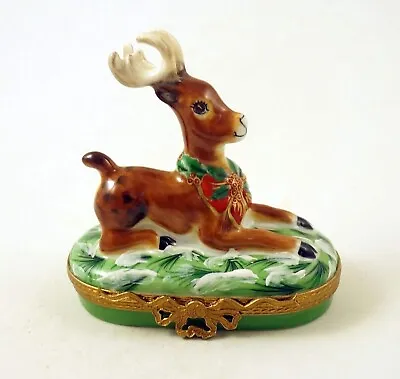 New French Limoges Trinket Box Amazing Christmas Reindeer With Holly • $169.99