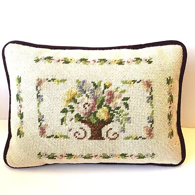 Vintage Handmade French Country Needlepoint Pillow-Flower Basket Floral Boarder • $49.95