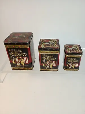 Vintage Set Of Three Nesting Tea Tins Asian Design Made In Hong Kong • $17.60
