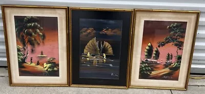 Vtg Art Prints Bamboo Framed Boats Fishing Trees Birds 14x19.5” Sunset • $149.99