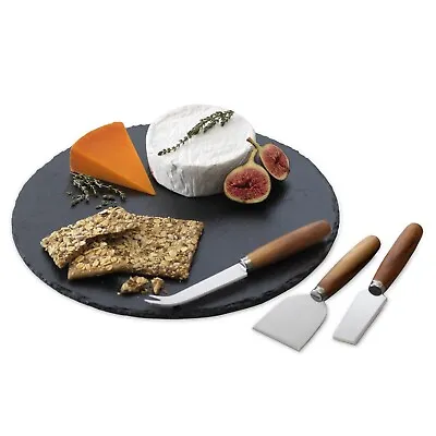 Large Round Natural Slate Serving Platter Cheese Board & Knife Set- Gift Boxed • £14.95