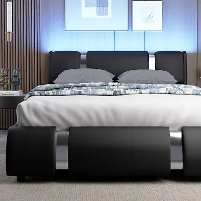 $239.99 • Buy Deluxe Leather Upholstered Platform Bed Frame Queen Full Size With LED Headboard