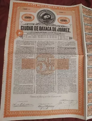 Mexico 1910 Republica Mexicana Ciudad Oaxaca Juarez 1000 Pesos Coupons Bond Loan • $60