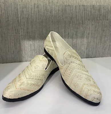 Mens Jutti Ethnic Mojari Khussa Wedding Indian Shoes US Size 8-11 White Fashion • £36.05