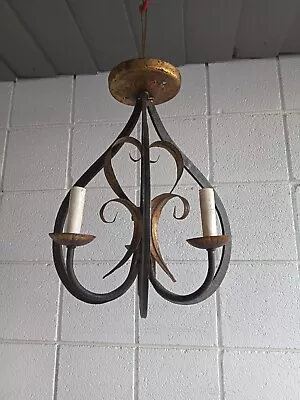 Vtg Italian Wrought Iron Gilt Tole 3 Light Fixture Chandelier Flush Mount 15 X13 • $295