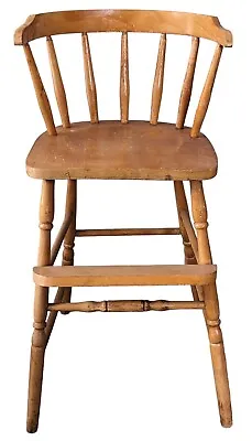 Antique Childs High Chair Spindle Back Solid Wood Under Table No Tray Seat 24  H • $59.68