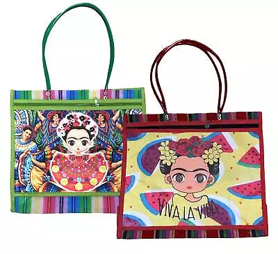 $12.75 • Buy Handmade Mexican Plastic Market Frida Kahlo Tote Bag - Large Tote Bag With Flora
