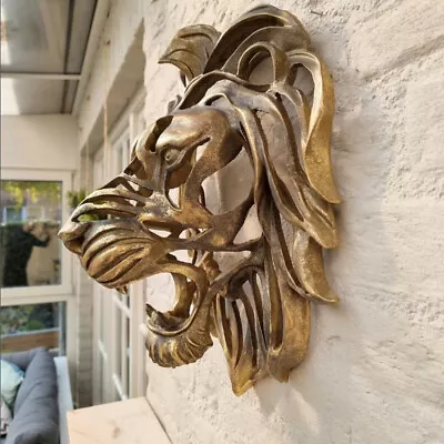 Large Lion Head Wall Mounted Art Sculpture Gold Resin Lion Head Art Wall Decor • $30.54