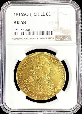 1816 Fj Gold Chile 8 Escudos Ferdinand Vii Coin Santiago Mint Ngc About Unc 58 • $3600