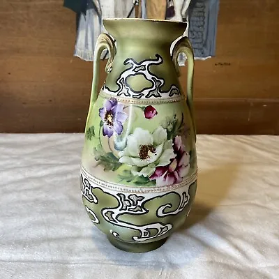 Antique Nippon MM Hand Painted Moriage Green & Gold Floral 10  Vase Moriyama • $179