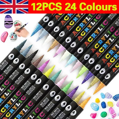 24 Colours Acrylic Paint Pens For Rock Painting Wood Ceramic Fabric Metal Canvas • £5.99