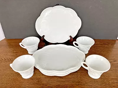 4 Indiana Glass Colony White Milk Glass Harvest Grape Snack Plates & Cups MINT • $13.50