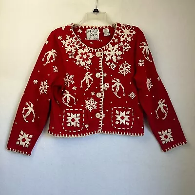 Vtg 1995 Michael Simon Cardigan Women P/S Small NY Winter Ski Alpine Sweater Red • $45