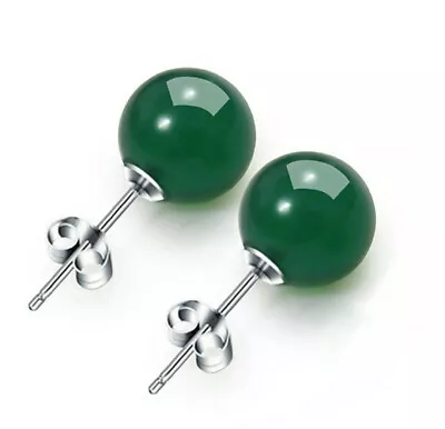 100% Natural 10mm Green Jade Round Gemstone Beads 925 Silver Stud Earrings • $3.59