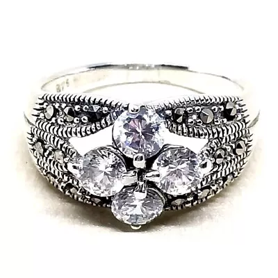 (SIZE 689) WHITE CZ STONES FLOWER RING W/ Marcasite .925 STERLING SILVER • $22